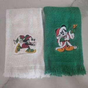 Vintage Disney‎ Mickey Mouse Christmas Hand Towels Set White Green Embroidered